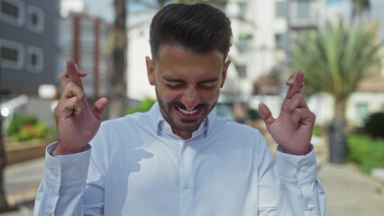 Young hispanic man crosses both fingers in front of his face on a sunny street lined with palm...