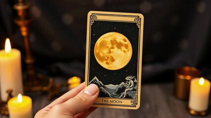 Hand holding the Moon card over a table with a lit candle, concept of fortune telling on tarot cards, astrology, occult magic in everyday life