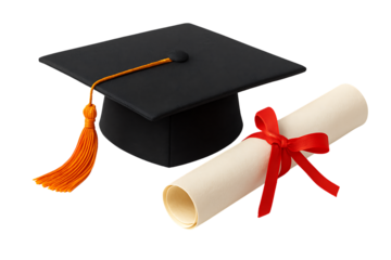 a black graduation cap with an orange tassel and a rolled diploma with a red ribbon isolated on a transparent background
