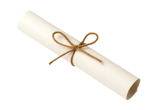 a rolled-up paper scroll tied with a rustic string bow, symbolizing a diploma or certificate, isolated on a transparent background - Powered by Adobe