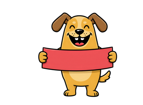 Joyful cartoon dog holding a blank red banner for your custom message greeting card or announcement transparent background