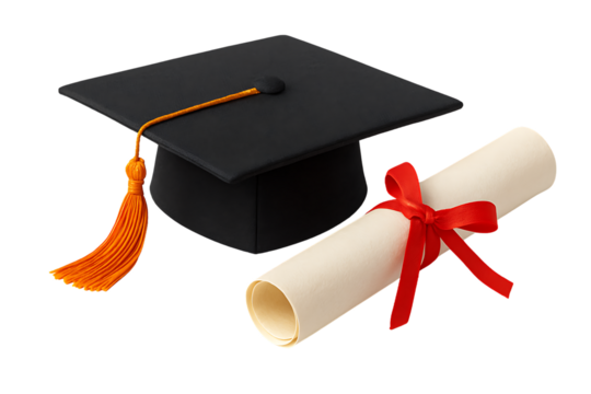 a black graduation cap with an orange tassel and a rolled diploma with a red ribbon isolated on a transparent background