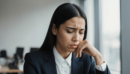 A businesswoman sits in a contemporary office, deep in thought as she considers a difficult decision. The sunlight illuminates her focused expression amidst a quiet workspace