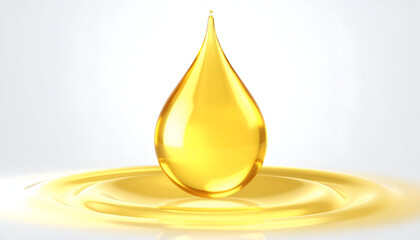 Fototapeta premium Single Yellow Liquid Drop Splashing on Surface with Soft Reflections and Bright Background