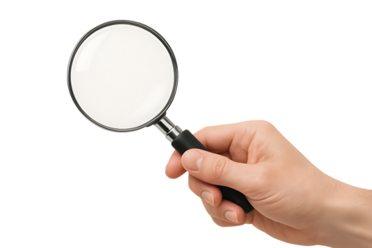 a hand holds a magnifying glass for inspecting a small object or a document with an enlarged view isolated on a transparent background