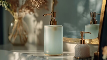 Luxurious soap dispenser made of frosted glass with gold accents placed on a vanity in a high end bathroom with soft lighting adding elegance and sophistication to the space