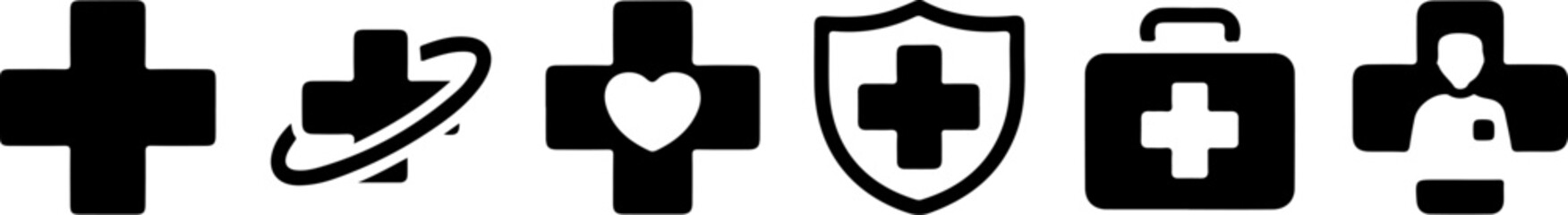 A collection of black and white medical themed icons including crosses heart shield and doctor symbols