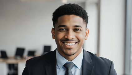 A young man in a suit and tie smiles warmly while standing in a contemporary office space. Natural light filters through large windows, creating an inviting atmosphere