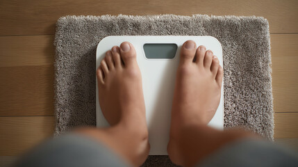 Close up feet of a person standing on scales, weight management at home

