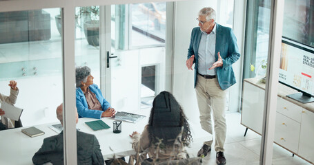 Presentation, meeting and mentor with business people in office for discussion, planning and project management. Corporate, teamwork and speaker with screen for brainstorming, strategy and workshop