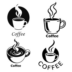 Hot coffee cups set, steaming coffee icons, black coffee silhouette, espresso mug vector, cafe drink symbols	