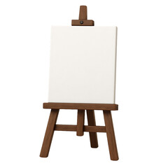 a wooden artist easel with a blank white canvas for creative painting and drawing isolated on a transparent background