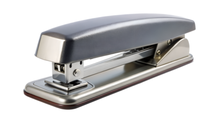 Closeup of a gray metal stapler, a common office tool used for fastening papers, isolated on transparent background