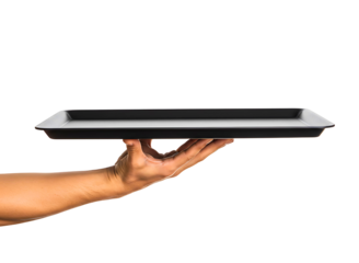 Hand holding a black serving tray isolated on transparent background