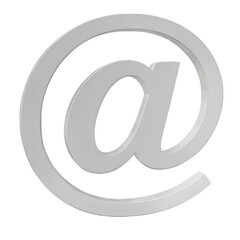A metallic silver at symbol representing email and internet communication isolated on a transparent background with a subtle sheen isolated on transparent background