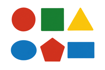 a collection of red green and blue geometric shapes including a circle, square and a triangle isolated on a transparent background
