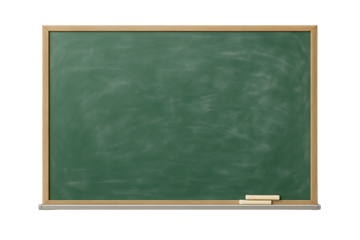 a school classroom green blackboard with a wooden frame and white chalk pieces isolated on a transparent background