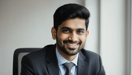 A young man dressed in a suit smiles confidently while seated at a desk in a bright office. The natural light enhances the modern workspace ambiance