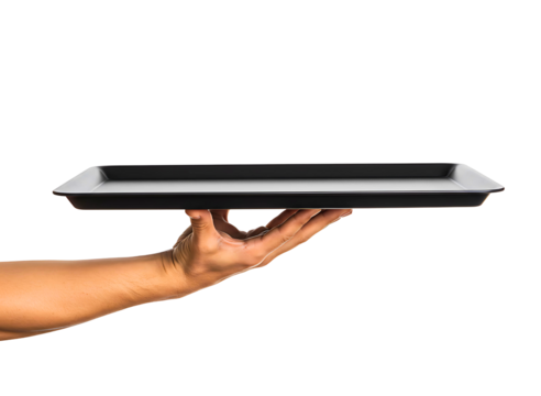 Hand holding a black serving tray isolated on transparent background