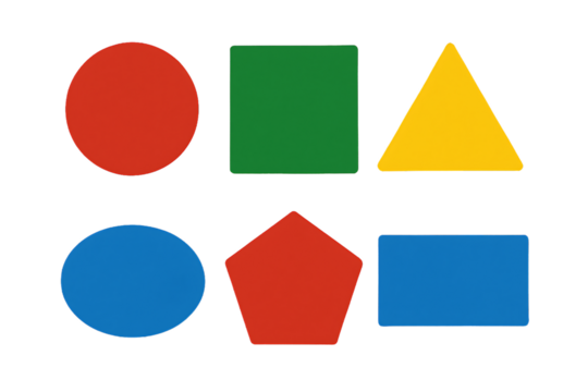 a collection of red green and blue geometric shapes including a circle, square and a triangle isolated on a transparent background