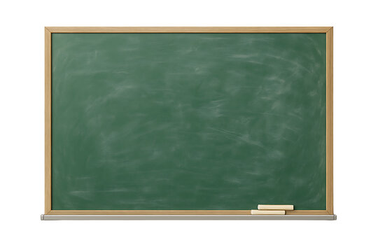a school classroom green blackboard with a wooden frame and white chalk pieces isolated on a transparent background