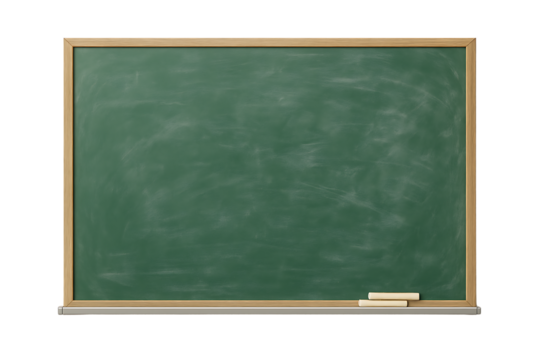 a school classroom green blackboard with a wooden frame and white chalk pieces isolated on a transparent background