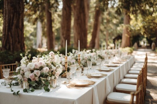 The outdoor wedding reception showcases a long table adorned with exquisite floral arrangements, elegant candleholders, and crisp white linens, set in a serene and picturesque location