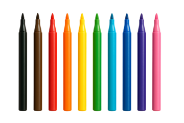 a set of eleven fine-tip markers with caps on, standing upright and aligned by color, ideal for detailed artwork and precise lines, isolated on a transparent background