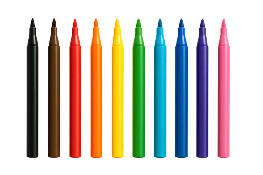 a set of eleven fine-tip markers with caps on, standing upright and aligned by color, ideal for detailed artwork and precise lines, isolated on a transparent background