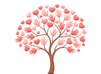 Tree of hands and hearts symbolizing unity and love isolated on transparent background