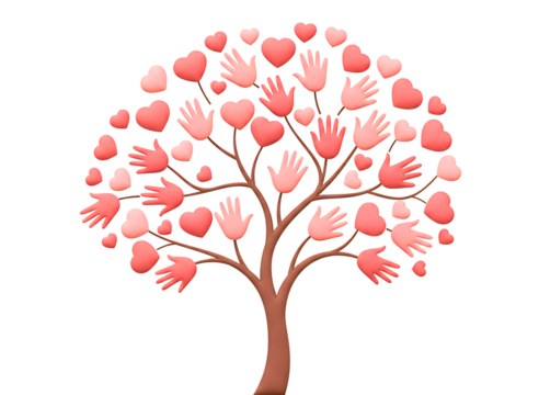 Tree of hands and hearts symbolizing unity and love isolated on transparent background