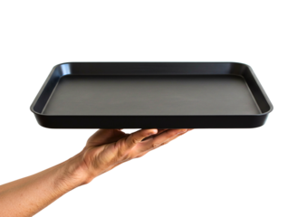 Hand holding a black serving tray isolated on transparent background
