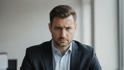A man in a suit sits at a desk in a sleek, well-lit office. He appears deep in thought, reflecting on important business matters as sunlight streams through the window
