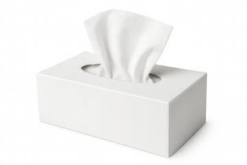 Soft white tissue box dispensing clean tissues, emphasizing personal hygiene and wellness, positioned against transparent backdrop