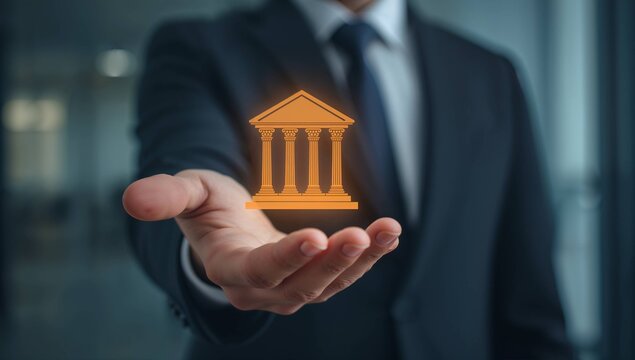 Business professional holds a glowing building icon with columns