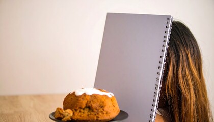 A person with long brown hair hides behind a gray notebook, with a frosted cake in front