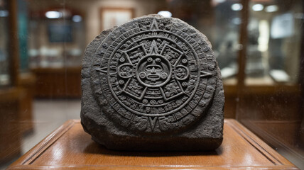 Aztec calendar stone displayed in a museum setting.