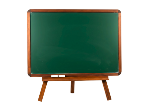 Green school blackboard with wooden easel isolated on transparent background