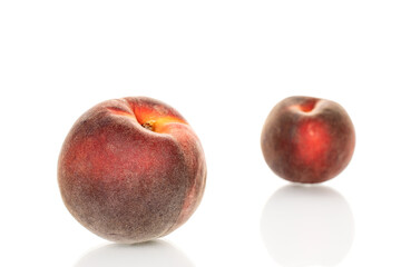 Sweet peaches, close-up, isolated on white background.	
