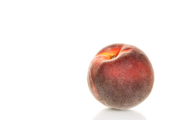 Sweet peaches, close-up, isolated on white background.	