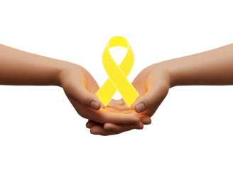 Hands holding a yellow awareness ribbon isolated on transparent background