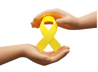 Hands holding a yellow ribbon symbol of hope and support isolated on transparent background