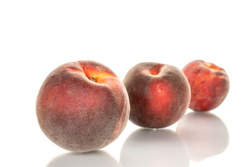 Sweet peaches, close-up, isolated on white background.	