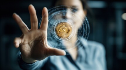 Woman interacting with a futuristic interface displaying a complex digital circle representing