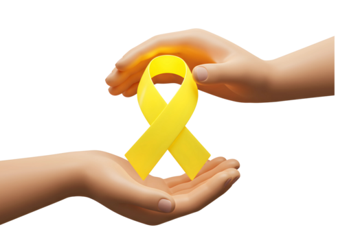 Hands holding a yellow ribbon symbol of hope and support isolated on transparent background - Powered by Adobe