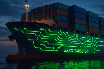 Green port logistics ship with zero emission technology glowing at night on calm water
