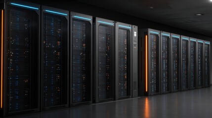 The rows of advanced server units in a modern data center environment.