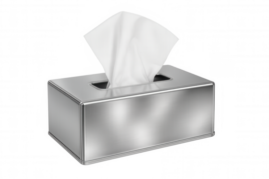 Metallic tissue dispenser releasing clean white tissues, reflecting modern hygiene standards against transparent backdrop