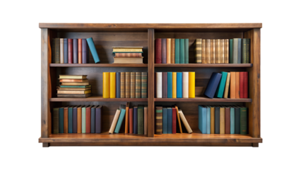 Wooden bookshelf filled with colorful books isolated on transparent background, perfect for a library or study room setting