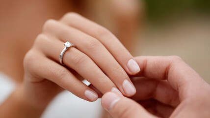 Romantic wedding scene with bride gently sliding ring onto groom’s hand, focus on hands and jewelry, soft warm tones creating intimate atmosphere of love, unity, and sacred celebration